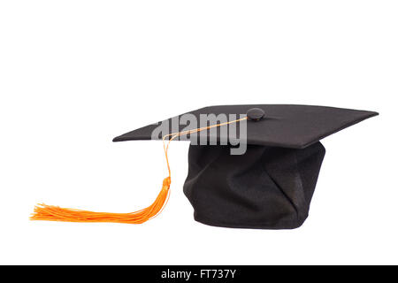 Black Graduation Hat with Gold Tassel isolated on white background. Stock Photo