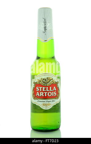 Stella Artois pilsner beer isolated on white background. Stella Artois has been brewed since 1926 in Belgium. Stock Photo