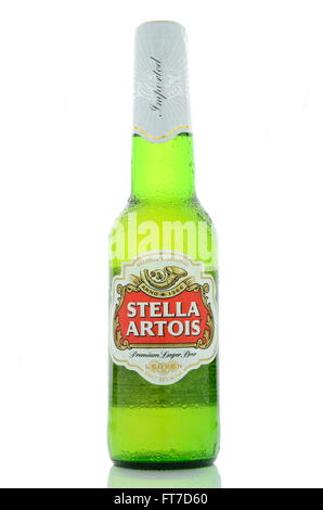 Stella Artois pilsner beer isolated on white background. Stella Artois has been brewed since 1926 in Belgium. Stock Photo