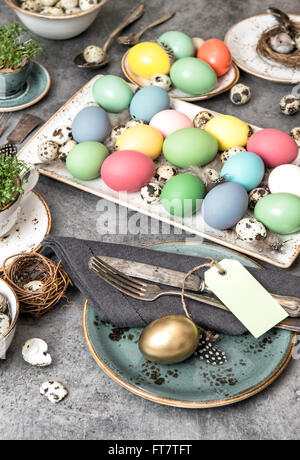 Easter decoration. Festive table place setting. Vintage style home interior