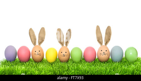Colorful easter eggs in green grass on white background. Holidays background Stock Photo