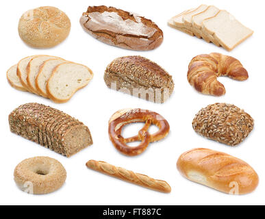 Collection of bread breads bagel roll toast baguette pretzel isolated on a white background bakery Stock Photo