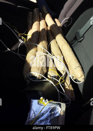 SALTON CITY, Calif. – El Centro Sector Border Patrol agents assigned to the Indio Station arrested a couple suspected of drug smuggling at the Highway 86 checkpoint after they discovered cylindrical-shaped packages of methamphetamine in their vehicle. Photo provided by U.S. Customs and Border Protection Stock Photo