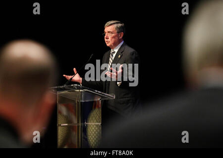 U.S. Customs and Border Protection Commissioner R. Gil Kerlikowske delivers opening remarks at the 2015 East Coast Trade Symposium held in Baltimore, Md., Nov. 4, 2015. (U.S. Customs and Border Protection Photo by Glenn Fawcett) Stock Photo