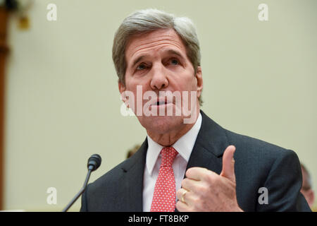 U.S. Secretary of State John Kerry delivers his opening remarks before the House Foreign Affairs Committee on February 25, 2016, on Capitol Hill in Washington, D.C., as he testified about the Obama Administration's 2017 federal budget proposal. [State Department photo/ Public Domain] Stock Photo