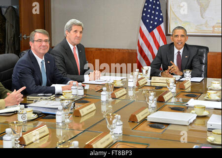President Barack Obama, with U.S. Secretary of State John Kerry and U.S. Secretary of Defense Ash Carter, convenes a National Security Council meeting to discuss the global campaign to degrade and destroy ISIL, as well as Syria and other regional issues, at the U.S. Department of State in Washington, D.C., on February 25, 2016. [State Department photo/ Public Domain] Stock Photo