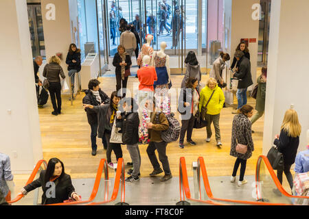 The Uniqlo store on Fifth Avenue in New York on Thursday, March 24, 2016 featuring the collaboration between Uniqlo and Liberty London, a company known mostly for its distinctive floral patterned fashions. (© Richard B. Levine) Stock Photo