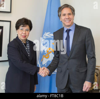 Deputy Secretary of State Antony &quot;Tony&quot; Blinken poses for a photo with World Health Organization (WHO) Director-General Margaret Chan before their meeting at the WHO in Geneva, Switzerland, on March 3, 2016. [State Department photo/ Public Domain] Stock Photo