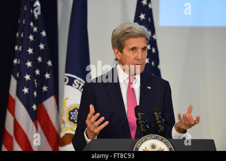U.S. Secretary of State John Kerry delivers opening remarks at the 2016 Chief of Missions Conference, at the U.S. Department of State in Washington, D.C., on March 14, 2016. [State Department Photo/Public Domain] Stock Photo