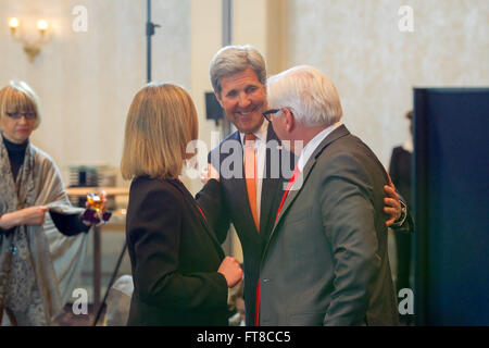 U.S. Secretary of State John Kerry chats with European Union High Representative for Foreign Affairs Federica Mogherini and German Foreign Minister Frank-Walter Steinmeier on February 11, 2016, at the Hilton Hotel in Munich, Germany, before a meeting of the International Syria Support Group. [State Department Photo/Public Domain] Stock Photo