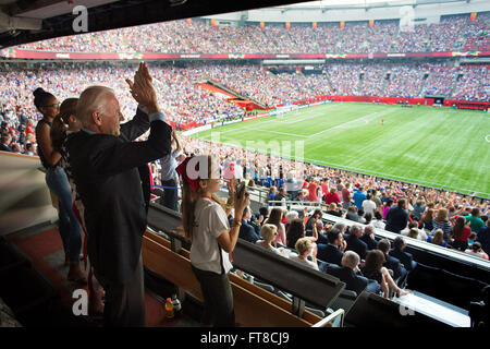 July 5, 2015 “The Vice President leads the cheers for the U.S. Women’s soccer team after they scored their first goal in the Women’s World Cup final inVancouver, Canada.” (Official White House Photo by David Lienemann) Stock Photo