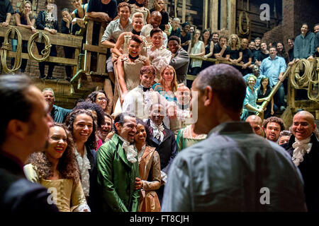 July 18, 2015 'The President greets the cast and crew of 'Hamilton' after seeing the play with his daughters at the Richard Rodgers Theatre in New York City.' (Official White House Photo by Pete Souza) Stock Photo