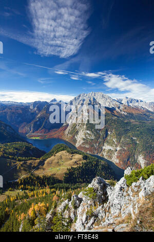 Aerial view over lake Königssee and the Watzmann massif from the mountain Jenner in autumn, Berchtesgaden NP, Bavaria, Germany Stock Photo