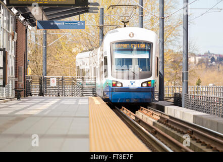 Sound Transit LINK light rail electric train at the Mount Baker train station platform, Seattle, Washington, United States. Stock Photo