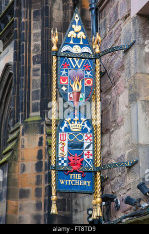 Edinburgh, City of Edinburgh, Scotland. Colourful sign outside the Witchery restaurant, one of the city's most famous landmarks. Stock Photo
