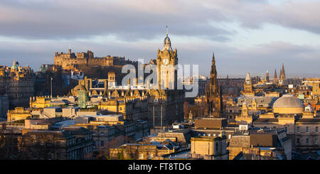 Edinburgh, City of Edinburgh, Scotland. Panoramic view of the city from Calton Hill, sunrise, the Balmoral Hotel prominent. Stock Photo
