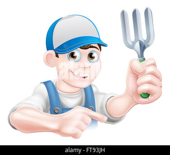 A cartoon gardener character in a cap and blue dungarees holding a garden fork tool and pointing Stock Photo