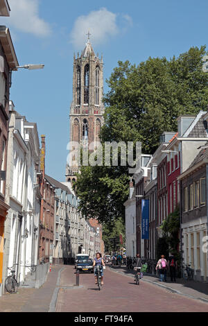 View along Lange Nieuwstraat towards the Domtoren (The Dom Tower) in Utrecht, Netherlands. Stock Photo