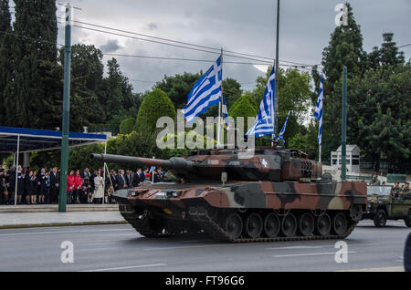 Athens, Greece. 25th Mar, 2016. A Leopard 2A6 Main Battle Tank parades. Greek citizens remember the beggining of the Greek War of Independence at 25th of March of 1821 against the Ottoman Empire with a big military parade in Athens. Credit:  George Panagakis/Pacific Press/Alamy Live News Stock Photo