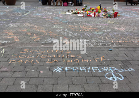 Namur, Belgium. 25 Mar, 2016. Some chalk drawings made during the Tribute to the victims of March 22nd terrorist attacks on Brussels in Namur, Belgium. Credit:  Frédéric de Laminne/Alamy Live News Stock Photo