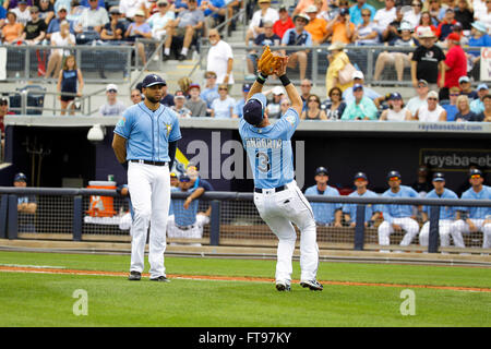 Port Charlotte, Florida, USA. 25th Mar, 2016. WILL VRAGOVIC | Times.Tampa Bay Rays third baseman Evan Longoria (3) gets under the popup by Minnesota Twins right fielder Miguel Sano (22) in the fourth inning of the game between the Tampa Bay Rays and the Minnesota Twins in Charlotte Sports Park in Port Charlotte, Fla. on Friday, March 25, 2016. © Will Vragovic/Tampa Bay Times/ZUMA Wire/Alamy Live News Stock Photo