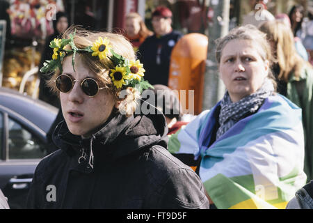 Berlin, Germany. 26th March, 2016. Protesters during the annual Easter March in Berlin held under the slogan 'War is terror!'. The annual rally is mainly organized by pacifists, anti-militarist-groups and the german peace movement. Credit:  Jan Scheunert/ZUMA Wire/Alamy Live News Stock Photo