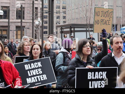 Minneapolis, Minnesota, USA. 26th March, 2016. Black Lives Matter and Justice 4 Jamar protesters gather at the Hennepin Government Center in downtown Minneapolis to demand conviction of two police officers accused of killing Jamar Clark. Credit:  Gina Kelly/Alamy Live News. Stock Photo