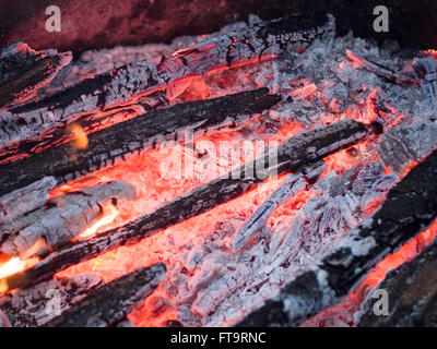 Glowing Embers in a hot wood fire. Ash covered wood glows red in this burned down fire. Stock Photo