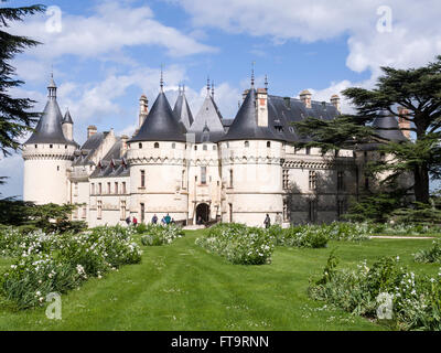 Garden view of the path and entrance to the towered Chateau at Chaumont-sur-Loire Stock Photo