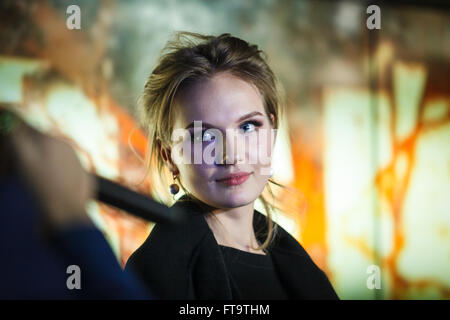 MOSCOW, RUSSIA - 23 MARCH, 2016 : Actress Marusya Fomina at presentation of her music video with famous hip hop singer Andrey Menshikov known as Ligalize MC. Event took place at Royal Arbat Bar Stock Photo