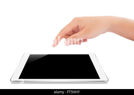 female hand touching on mock up tablet isolated with clipping path inside Stock Photo