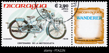 BUDAPEST, HUNGARY - 18 march 2016:  a stamp printed in Nicaragua shows image of a vintage motorcycle, Wanderer 1939, circa 1985 Stock Photo