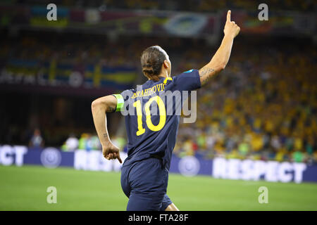KYIV, UKRAINE - JUNE 11, 2012: Zlatan Ibrahimovic of Sweden reacts after score against Ukraine during their UEFA EURO 2012 game  Stock Photo