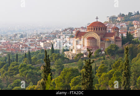 Orthodox church of Saint Pavlo (Agios Pavlos) and aerial view of Thessaloniki city, Greece Stock Photo