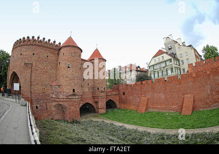 Warsaw Barbican (Polish: Barbakan Warszawski), semicircular fortified outpost in Warsaw city, Poland. Located between the Old and New Towns, it is a major tourist attraction Stock Photo