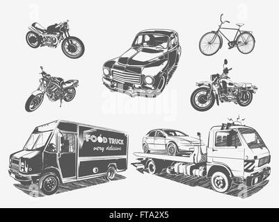 Vector illustration set of transport motorcycle, bicycle, car, tow truck, food truck. Stock Vector