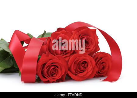 five bright red roses isolated on white Stock Photo