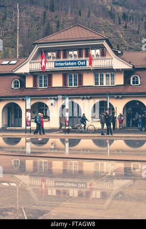 INTERLAKEN, SWITZERLAND - APRIL 19: Interlaken Ost railway station on April 19, 2015 in Interlaken. The station was previously k Stock Photo