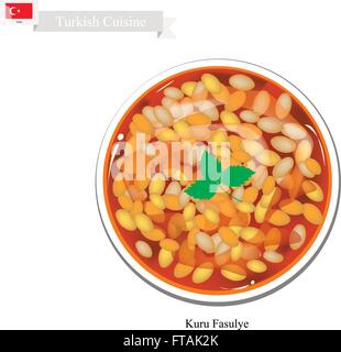 Turkish Cuisine, Kuru Fasulye or Dried Bean Stew with Paprika and Tomato Sauce. One of The Most Popular Dish in Turkey. Stock Vector