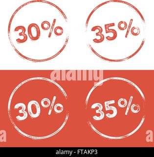 30 percent and 35 percent stamp print illustration in a letterpress, grunge look Stock Vector