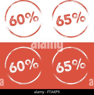 60 percent and 65 percent stamp print illustration in a letterpress, grunge look Stock Vector