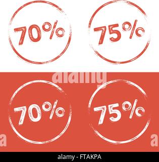 70 percent and 75 percent stamp print illustration in a letterpress, grunge look Stock Vector
