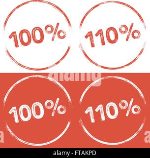 100 percent and 110 percent stamp print illustration in a letterpress, grunge look Stock Vector