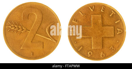 Bronze 2 rappen 1963 coin isolated on white background, Switzerland Stock Photo