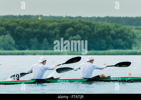 Chelyabisk, Russia - June 25, 2015: young male athlete rower rowed in a kayak in distance during Championship in rowing, kayakin Stock Photo