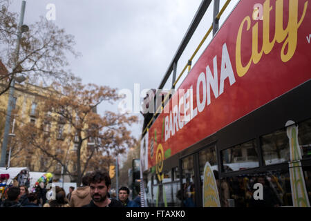 Barcelona Tour bus outside the Sagrada Familia in Barcelona, Spain, Europe. Stock Photo