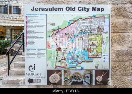 Old City map in Jewish Quarter, Old Town of Jerusalem, Israel Stock Photo