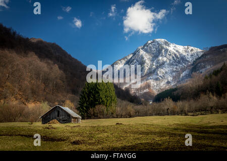 Panoramic view of beautiful mountain landscape in spring. Springtime in mountains. There are a chalet in the meadow. Stock Photo