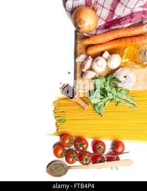 Food frame. Pasta ingredients on white background, copy space, top view. Stock Photo