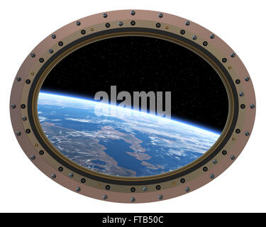 Futuristic Space Station Porthole. View From Space. 3D Scene. Stock Photo